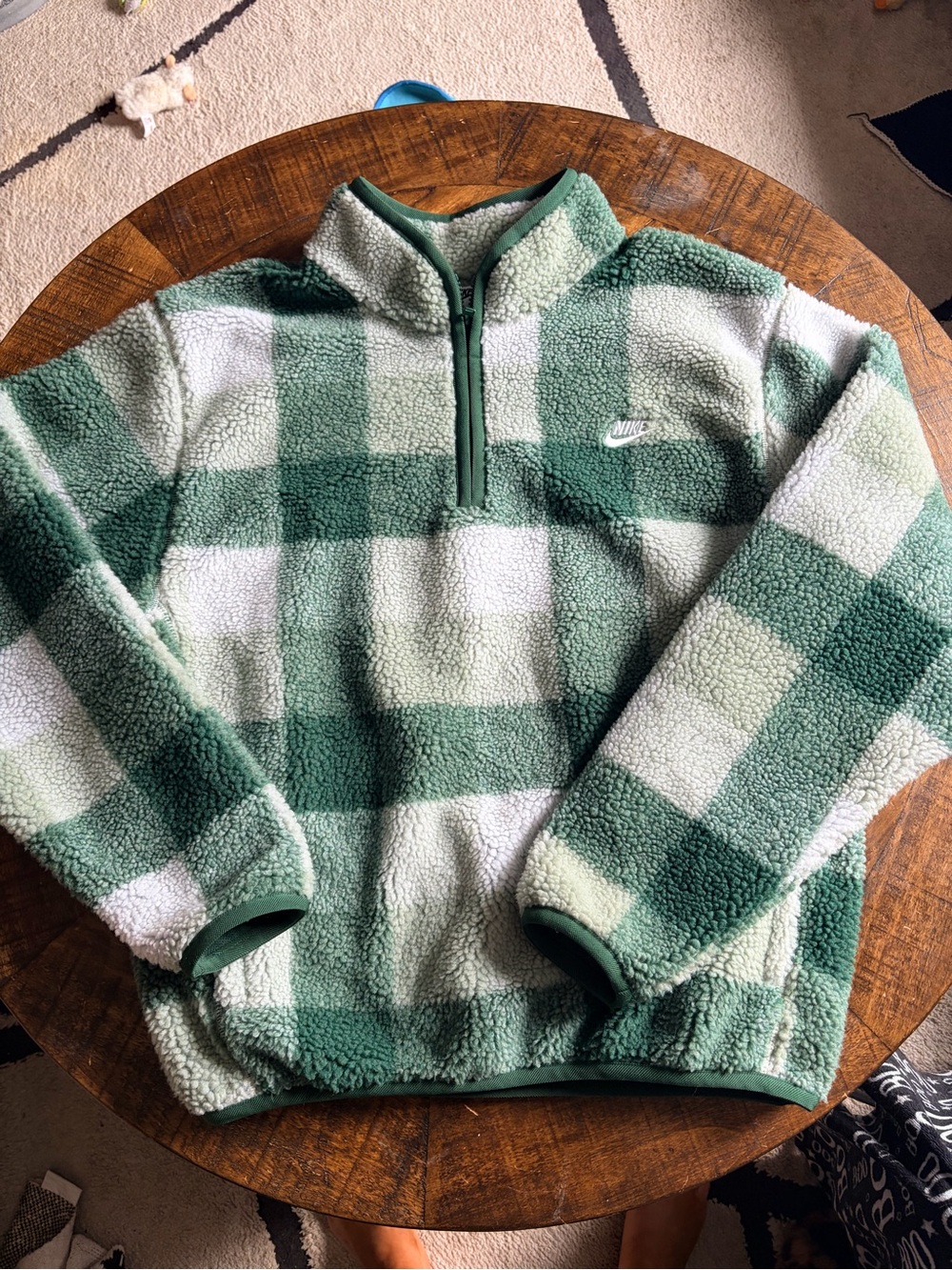 Nike Unisex Green and White Check Sherpa Quarter-Zip Pullover